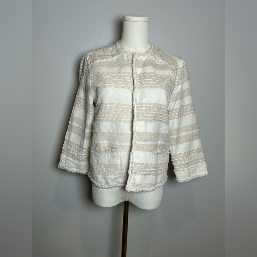 Greylin stripe linen cotton Blazer small fringe trim open front - Picture 2 of 10
